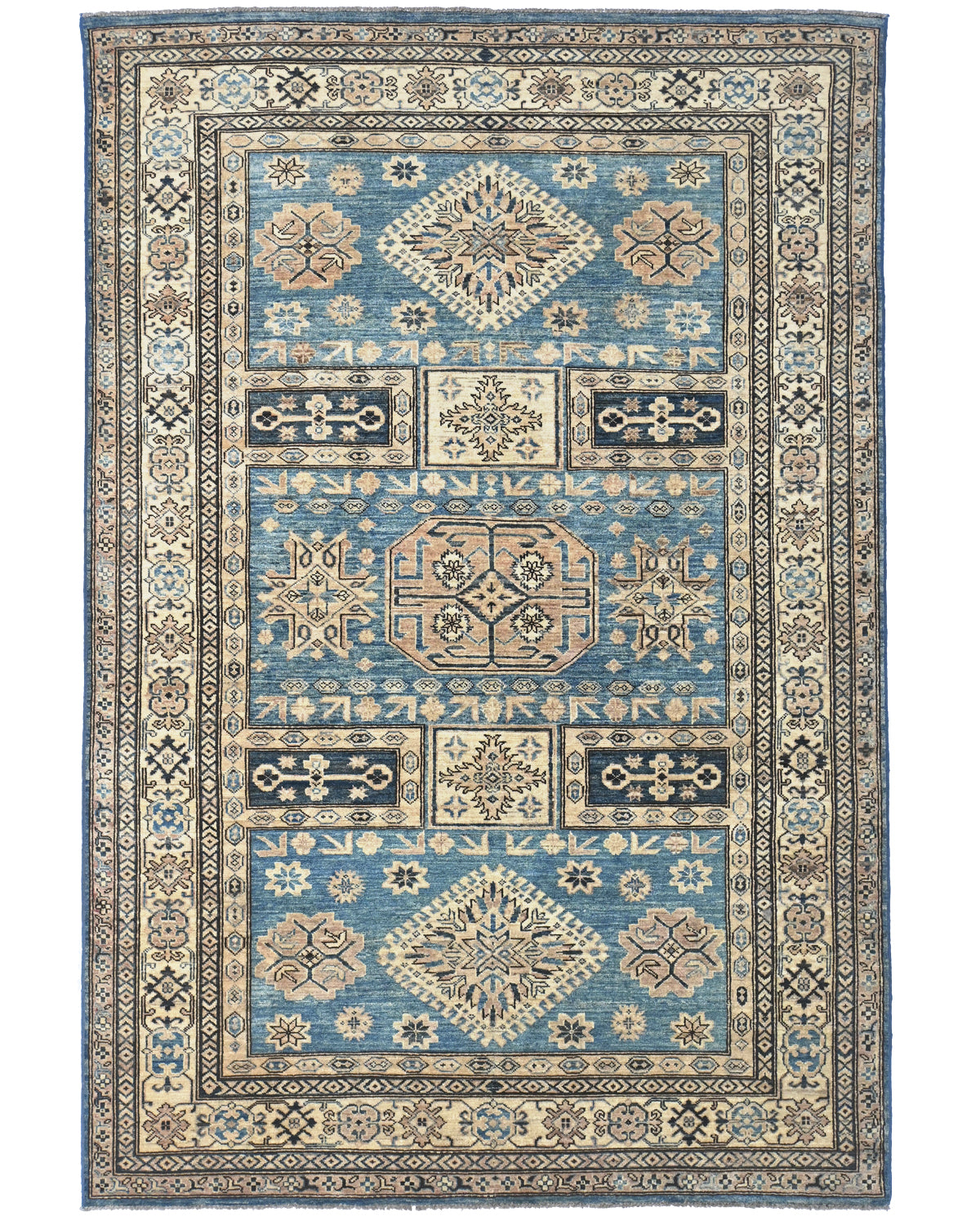 6x8 Blue Kazak Afghan Hand Knotted Geometric Wool Area Rug