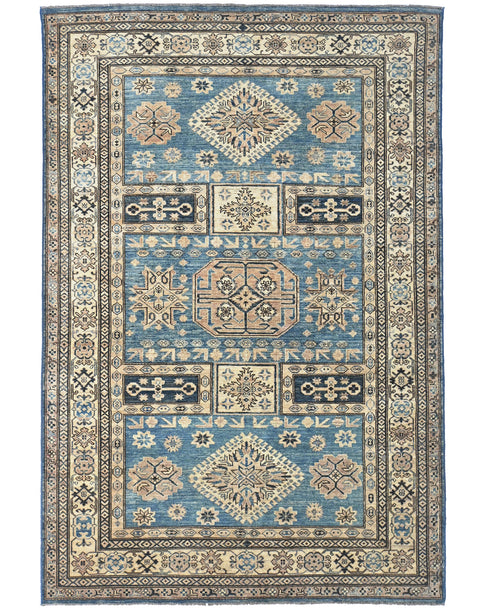 6x8 Blue Kazak Afghan Hand Knotted Geometric Wool Area Rug