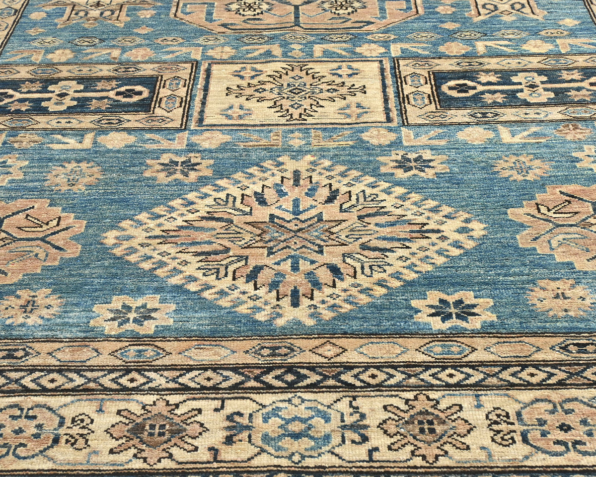 6x8 Blue Kazak Afghan Hand Knotted Geometric Wool Area Rug