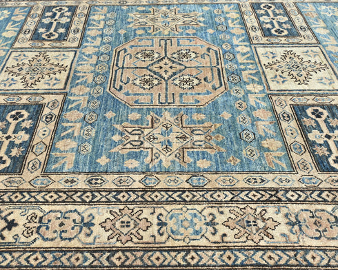 6x8 Blue Kazak Afghan Hand Knotted Geometric Wool Area Rug
