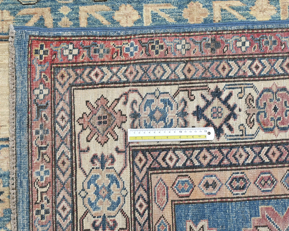 6x8 Blue Kazak Afghan Hand Knotted Geometric Wool Area Rug