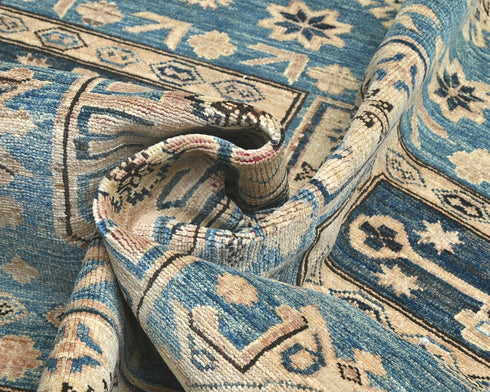 6x8 Blue Kazak Afghan Hand Knotted Geometric Wool Area Rug