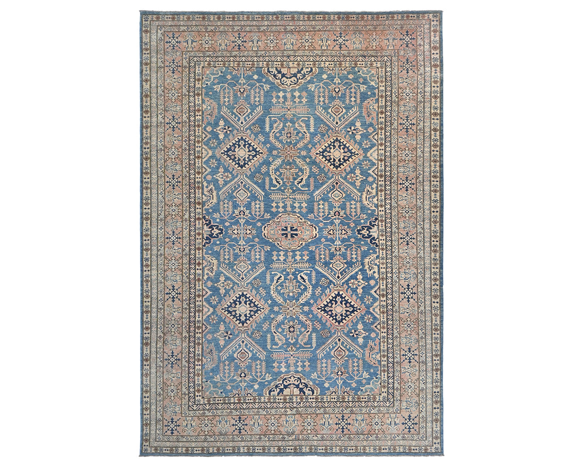 Alfombra afgana Kazak azul de lana geométrica anudada a mano de 2,7 x 3,6 m