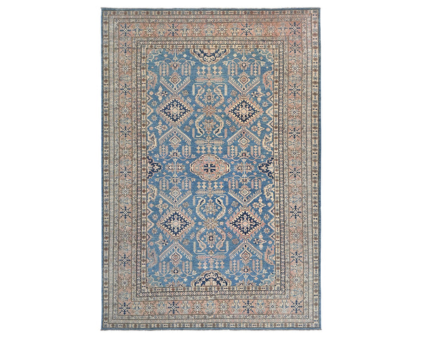 9x12 Ft Blue Kazak Afghan Hand Knotted Geometric Wool Area Rug