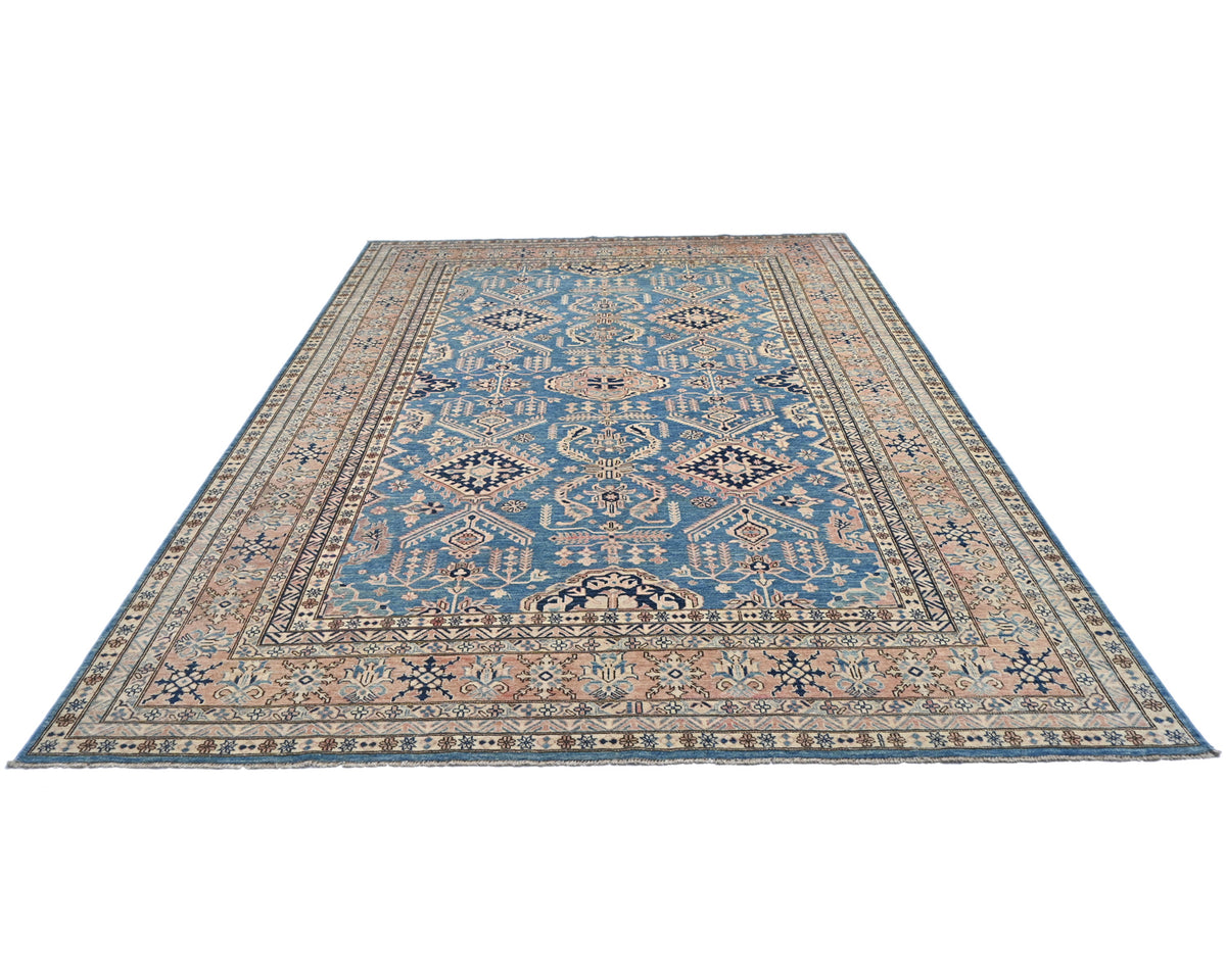 Alfombra afgana Kazak azul de lana geométrica anudada a mano de 2,7 x 3,6 m