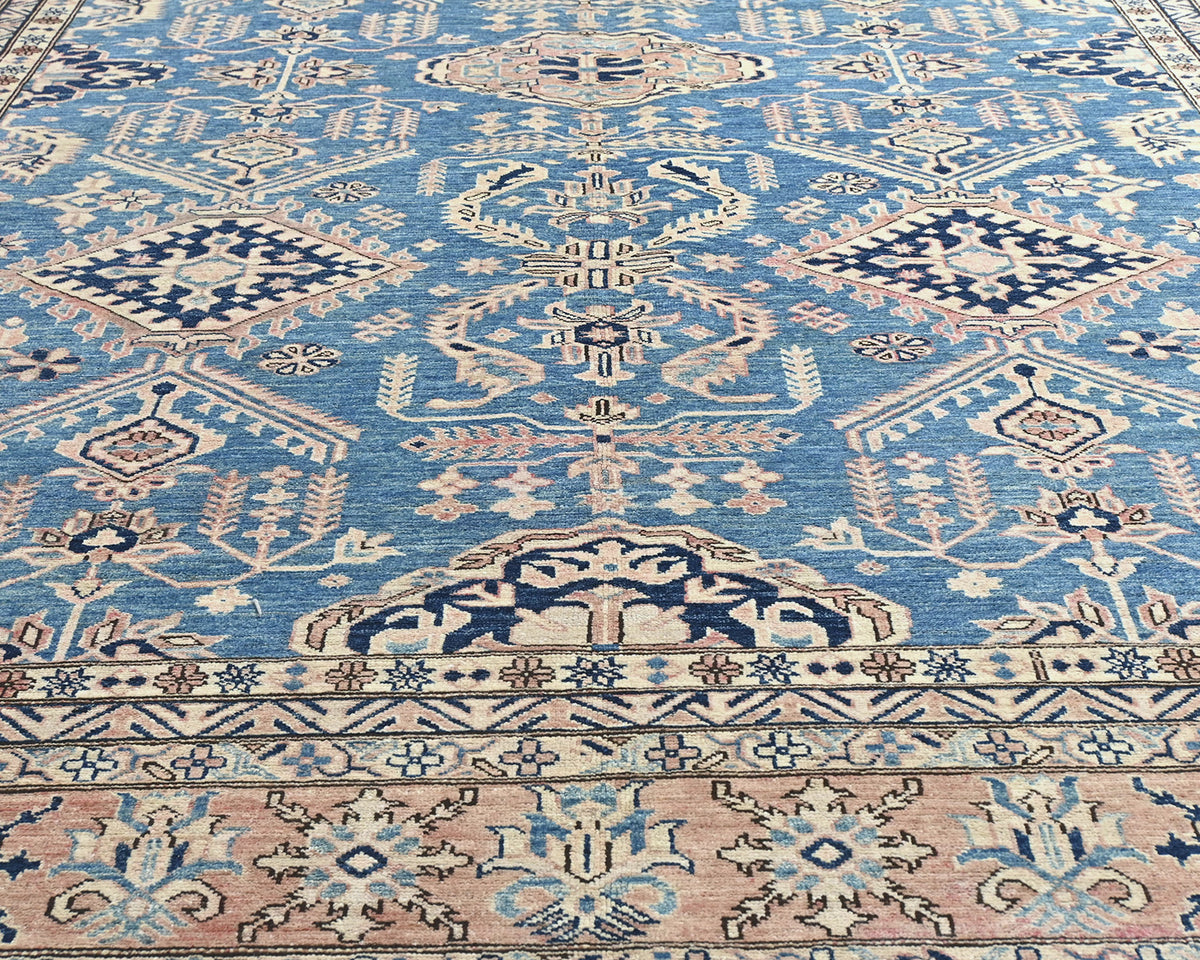 Alfombra afgana Kazak azul de lana geométrica anudada a mano de 2,7 x 3,6 m