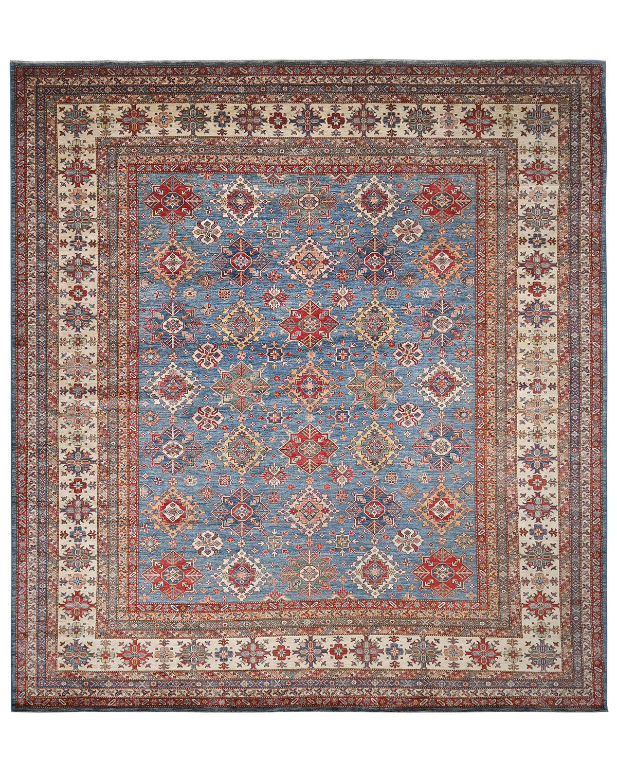 Alfombra cuadrada de lana anudada a mano, color azul Kazak, de 13 x 13 pulgadas