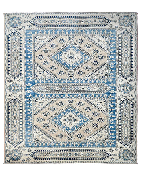 8x10 Blue Beige Kazak Afghan Hand Knotted Geometric Wool Area Rug