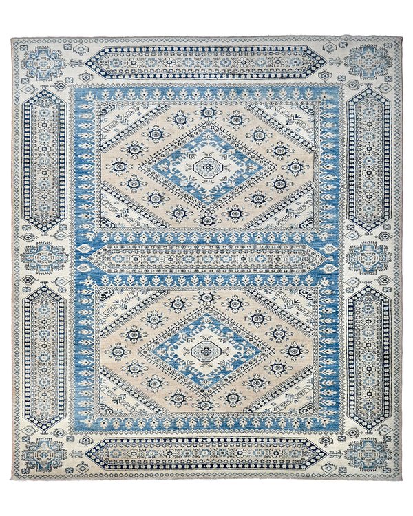 8x10 Blue Beige Kazak Afghan Hand Knotted Geometric Wool Area Rug