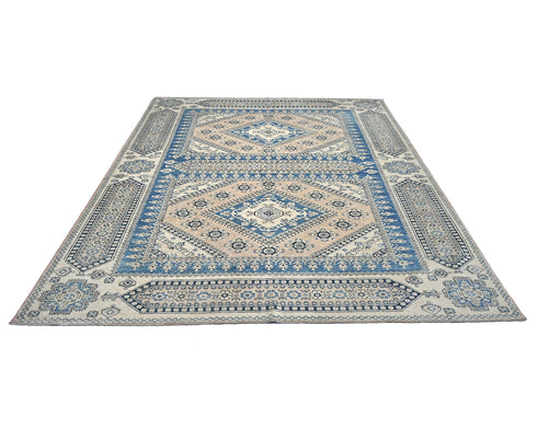 8x10 Blue Beige Kazak Afghan Hand Knotted Geometric Wool Area Rug