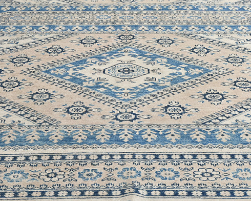 8x10 Blue Beige Kazak Afghan Hand Knotted Geometric Wool Area Rug