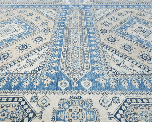 8x10 Blue Beige Kazak Afghan Hand Knotted Geometric Wool Area Rug