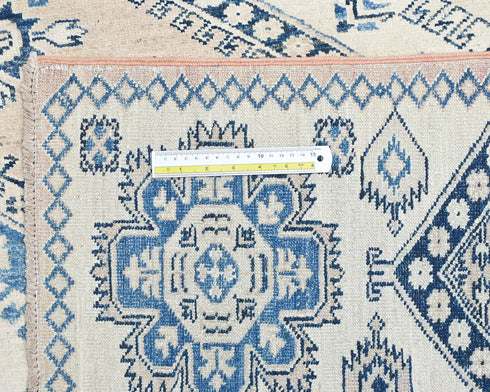8x10 Blue Beige Kazak Afghan Hand Knotted Geometric Wool Area Rug