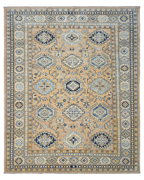 6x8 Ft Golden Brown Kazak Afghan Hand Knotted Geometric Wool Area Rug
