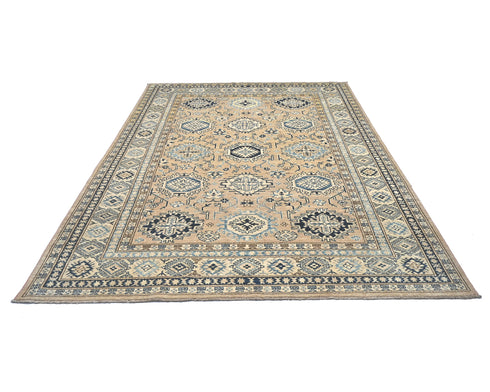 6x8 Ft Golden Brown Kazak Afghan Hand Knotted Geometric Wool Area Rug