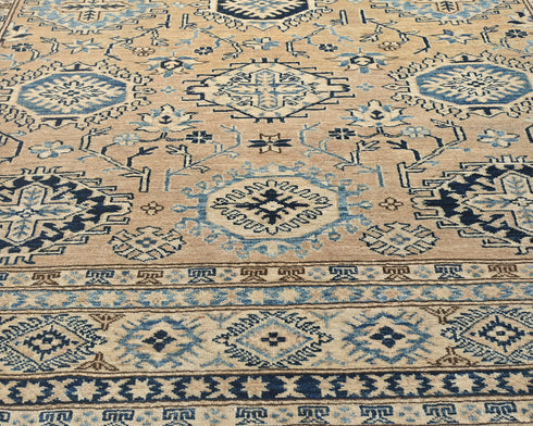 6x8 Ft Golden Brown Kazak Afghan Hand Knotted Geometric Wool Area Rug