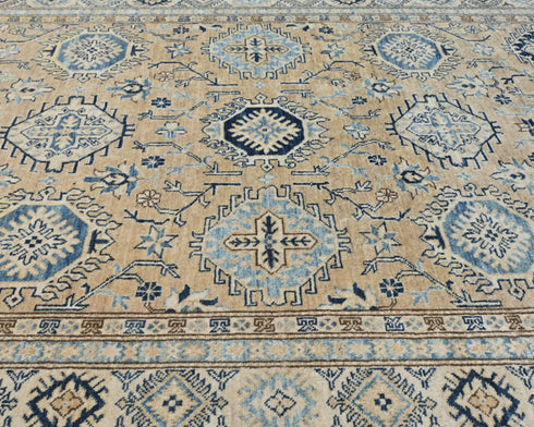 6x8 Ft Golden Brown Kazak Afghan Hand Knotted Geometric Wool Area Rug