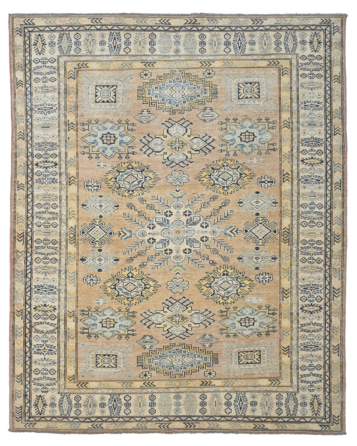 6x8 Kazak Golden Brown Afghan Hand Knotted Geometric Wool Area Rug