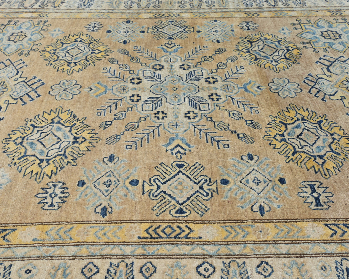 6x8 Kazak Golden Brown Afghan Hand Knotted Geometric Wool Area Rug