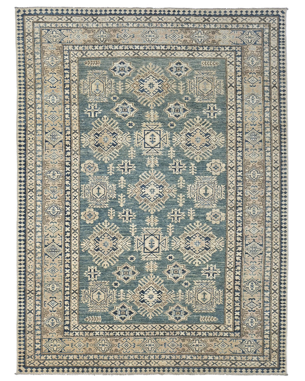 6x8 Kazak Green Afghan Hand Knotted Geometric Wool Area Rug