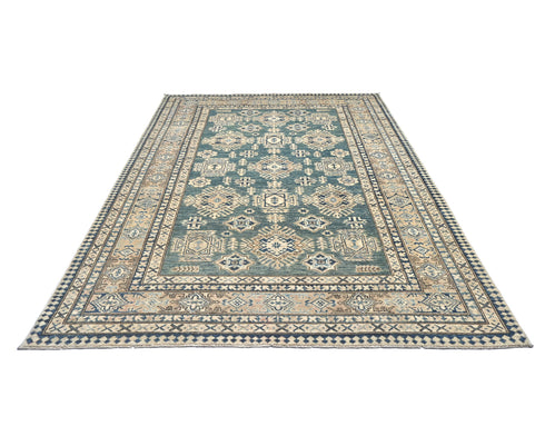 6x8 Kazak Green Afghan Hand Knotted Geometric Wool Area Rug