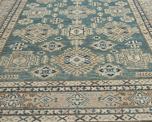 6x8 Kazak Green Afghan Hand Knotted Geometric Wool Area Rug