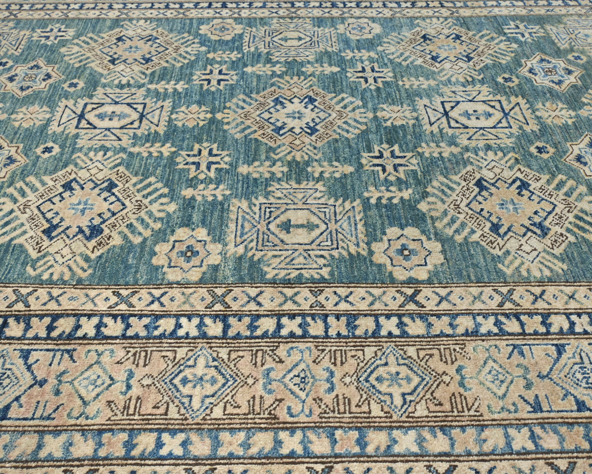 Alfombra de lana geométrica anudada a mano, color verde kazajo, de 6 x 8 pulgadas, afgana