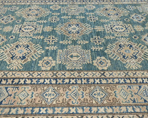 6x8 Kazak Green Afghan Hand Knotted Geometric Wool Area Rug