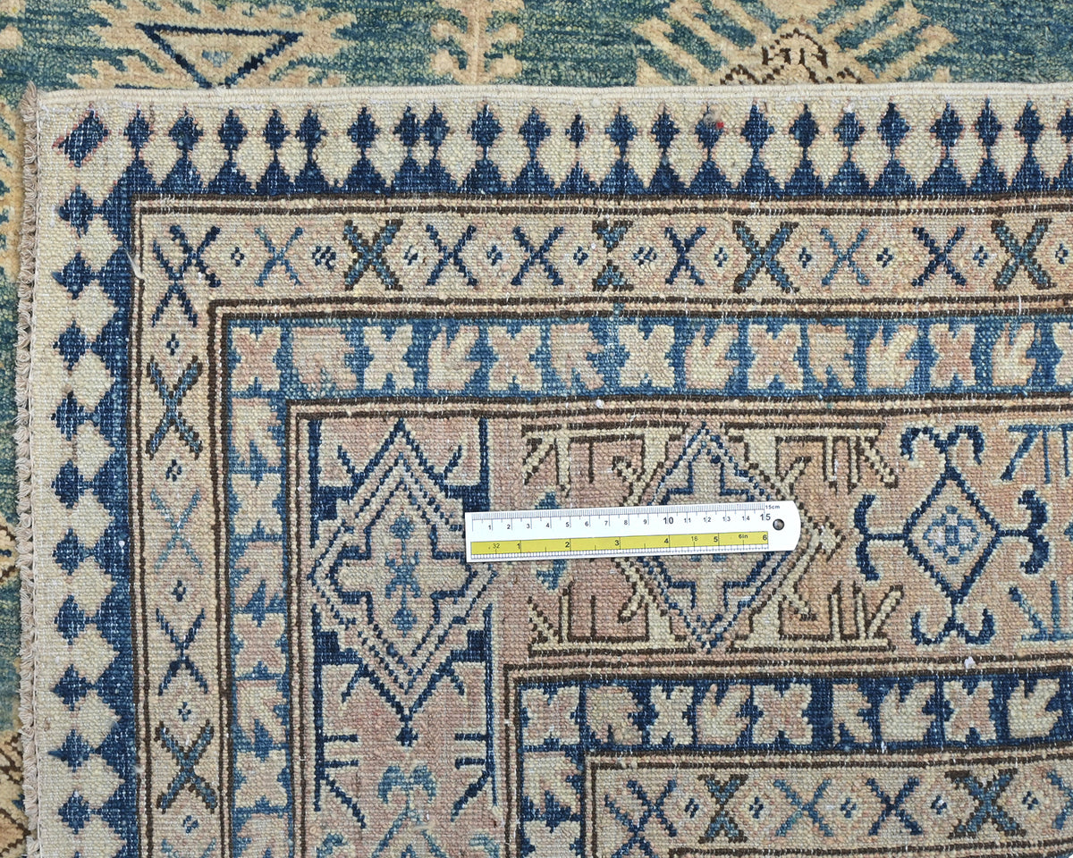 Alfombra de lana geométrica anudada a mano, color verde kazajo, de 6 x 8 pulgadas, afgana