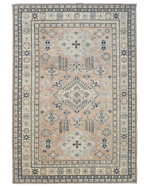 6x8 Brown Kazak Afghan Hand Knotted Geometric Wool Area Rug