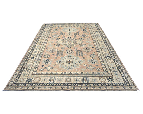 6x8 Brown Kazak Afghan Hand Knotted Geometric Wool Area Rug