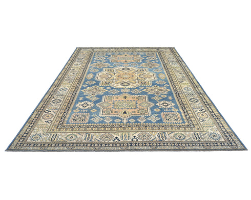 8x11 Ft Blue Kazak Afghan Hand Knotted Geometric Wool Area Rug