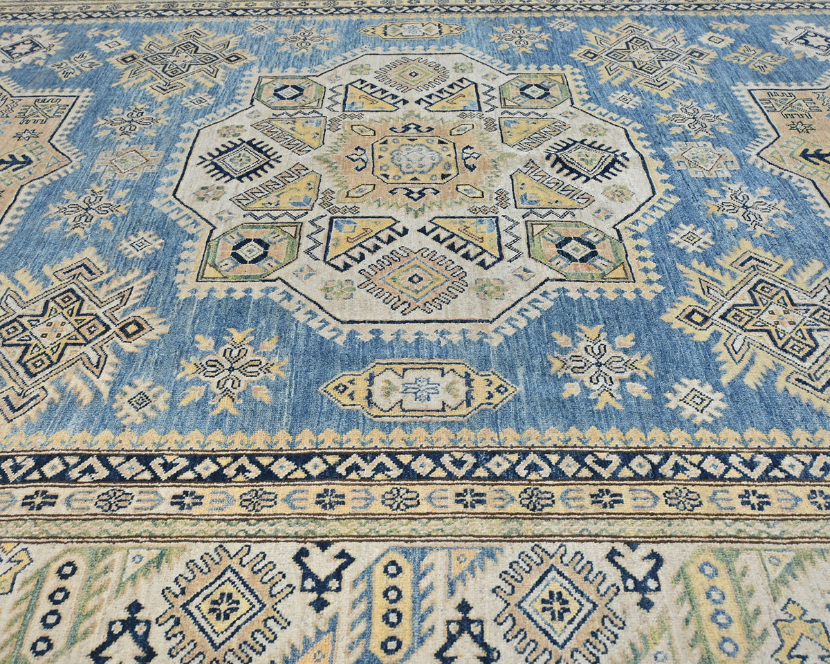 8x11 Ft Blue Kazak Afghan Hand Knotted Geometric Wool Area Rug