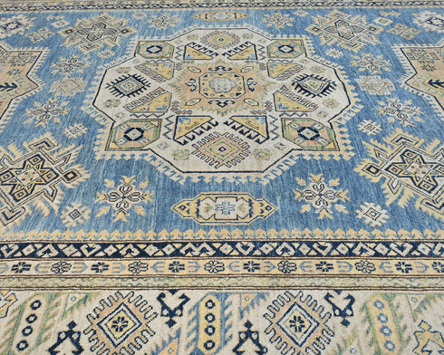8x11 Ft Blue Kazak Afghan Hand Knotted Geometric Wool Area Rug