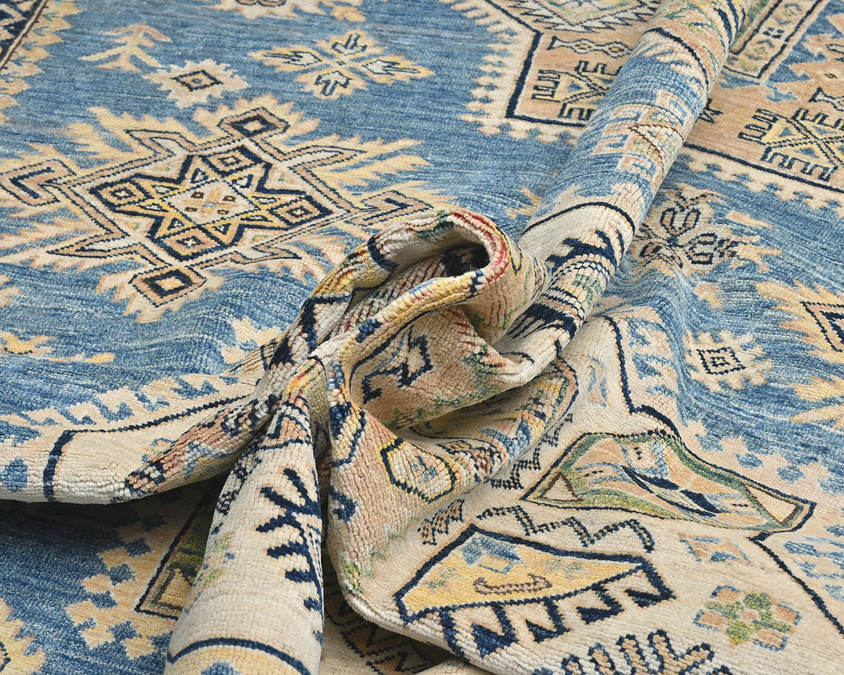 8x11 Ft Blue Kazak Afghan Hand Knotted Geometric Wool Area Rug