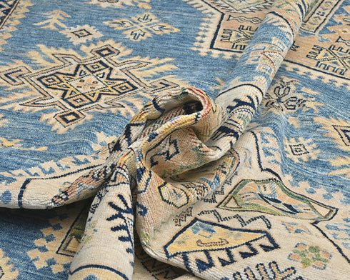 8x11 Ft Blue Kazak Afghan Hand Knotted Geometric Wool Area Rug