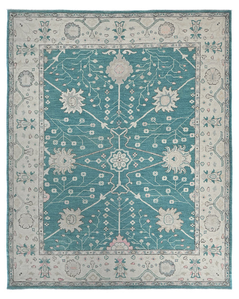 Alfombra tradicional turca Oushak de lana azul zinc, hecha a mano, de 8 x 10 pies