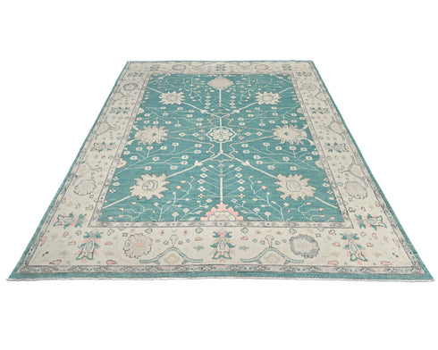Alfombra tradicional turca Oushak de lana azul zinc, hecha a mano, de 8 x 10 pies