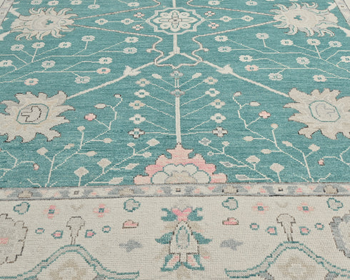 Alfombra tradicional turca Oushak de lana azul zinc, hecha a mano, de 8 x 10 pies