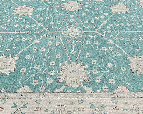 Alfombra tradicional turca Oushak de lana azul zinc, hecha a mano, de 8 x 10 pies