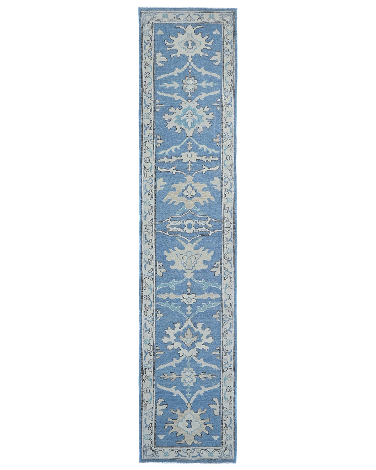 Blue 12 Ft Oushak Turkish Hand Knotted Traditional Soft Wool Runner Rug