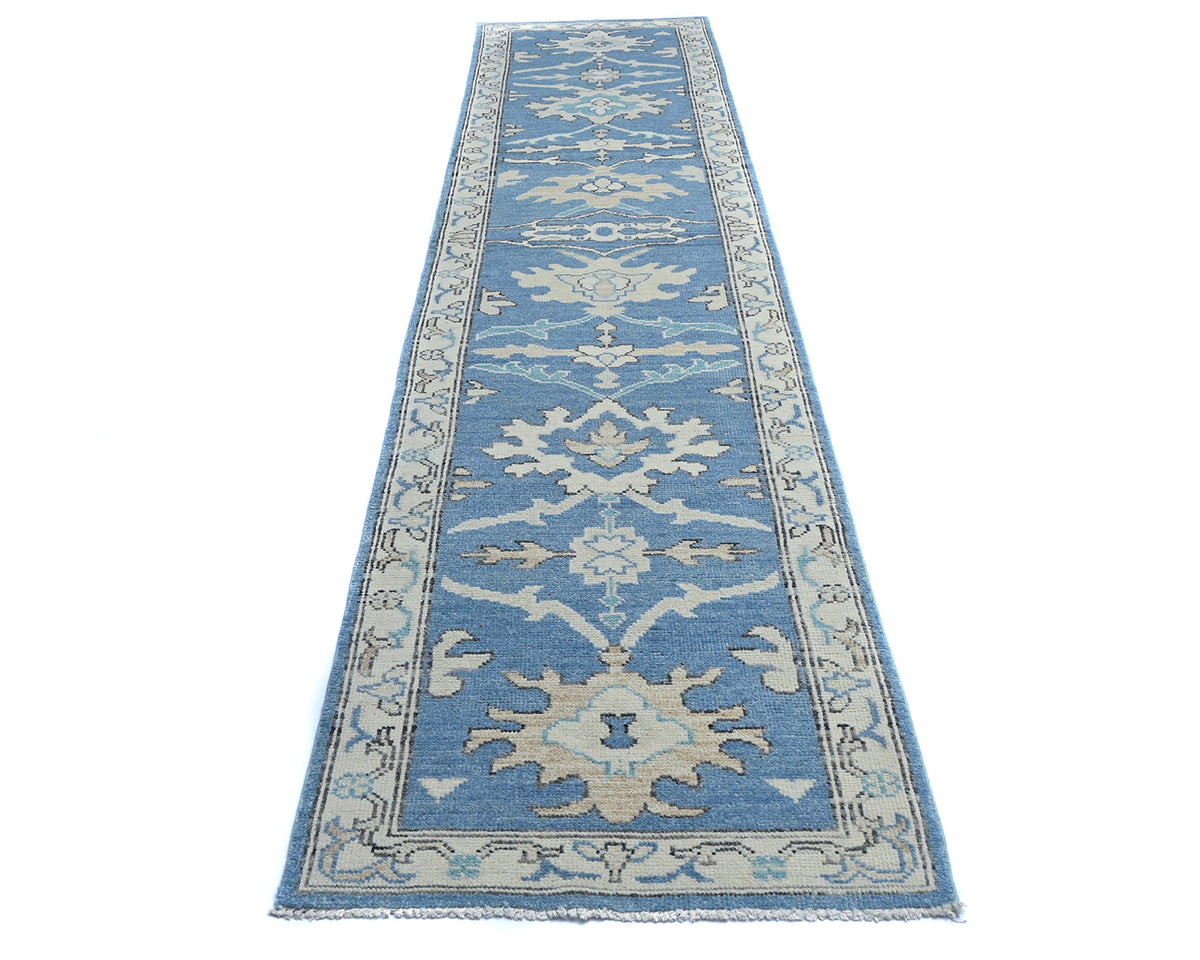 Blue 12 Ft Oushak Turkish Hand Knotted Traditional Soft Wool Runner Rug