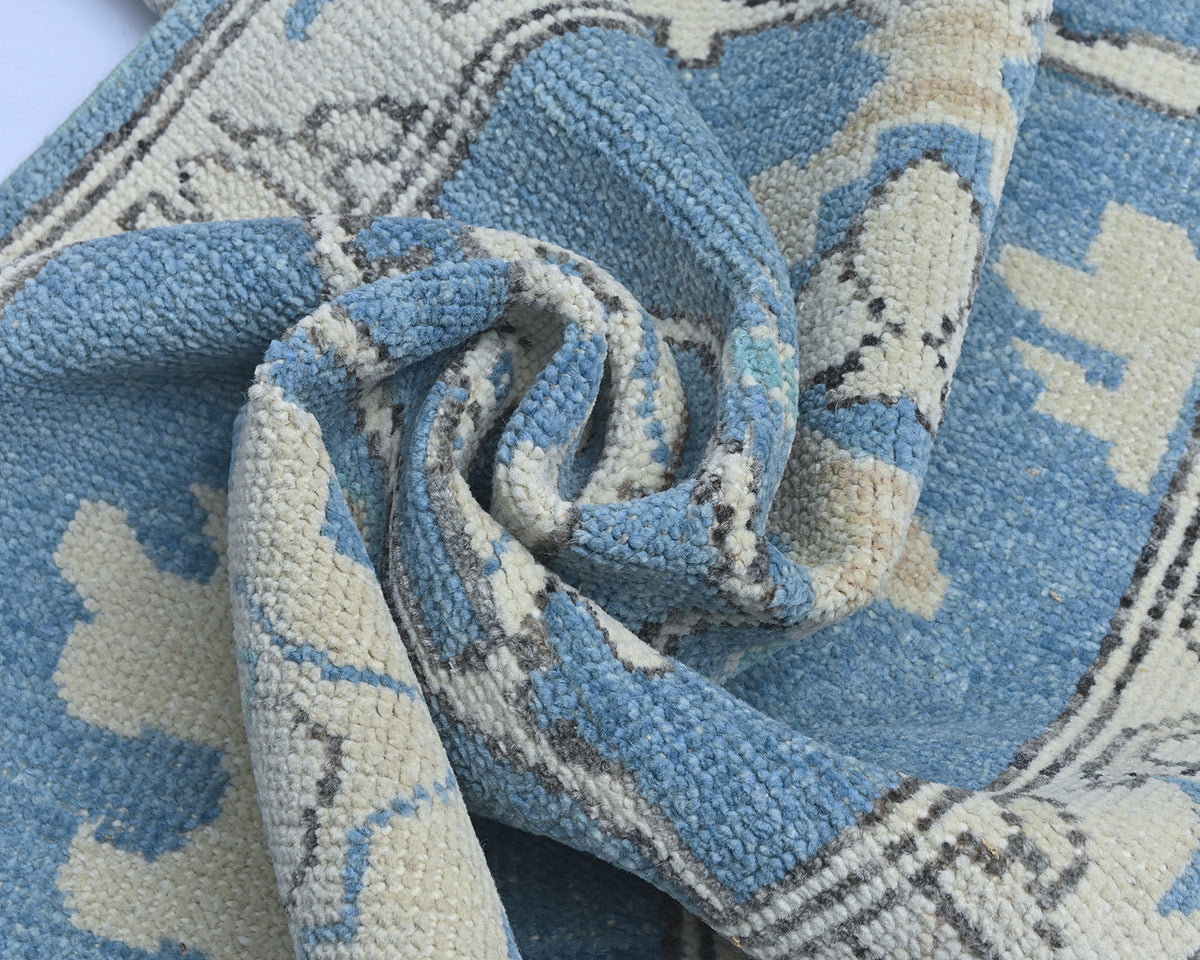Blue 12 Ft Oushak Turkish Hand Knotted Traditional Soft Wool Runner Rug