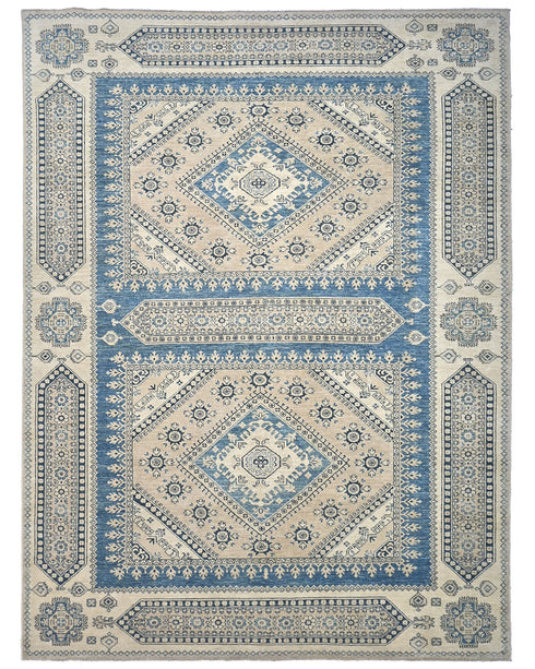 8x10 Ft Kazak Blue Beige Afghan Hand Knotted Geometric Wool Area Rug