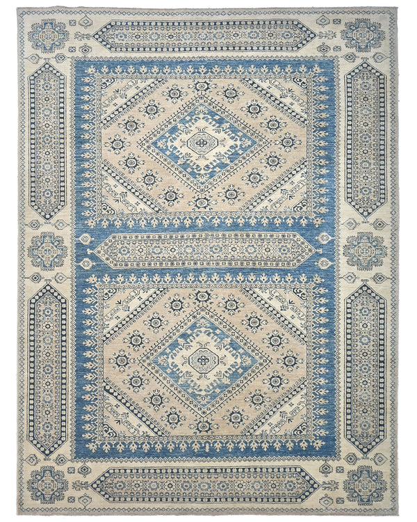 Alfombra afgana de lana geométrica anudada a mano, color beige y azul kazajo, de 8 x 10 pies