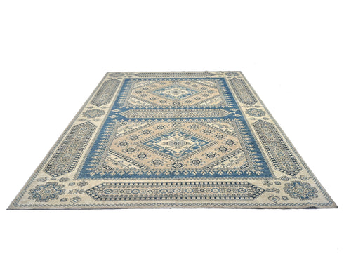 8x10 Ft Kazak Blue Beige Afghan Hand Knotted Geometric Wool Area Rug
