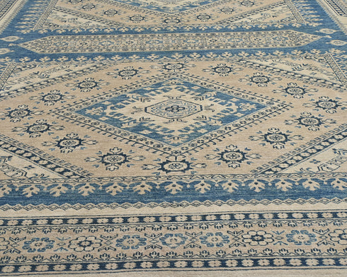 8x10 Ft Kazak Blue Beige Afghan Hand Knotted Geometric Wool Area Rug