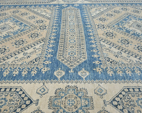 8x10 Ft Kazak Blue Beige Afghan Hand Knotted Geometric Wool Area Rug