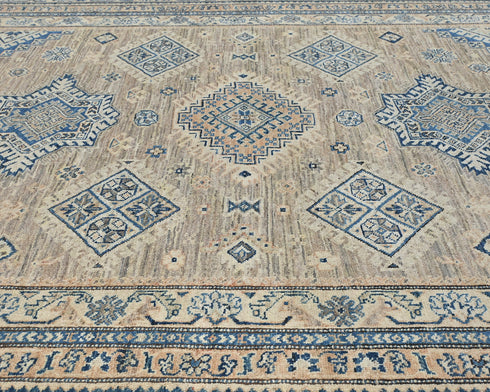 6x9 Ft Kazak Brown Afghan Hand Knotted Geometric Wool Area Rug