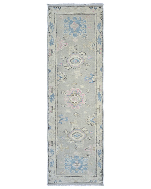 8 Ft Silver Gray Oushak Turkish Hand Knotted Traditional Soft Wool Runner Rug
